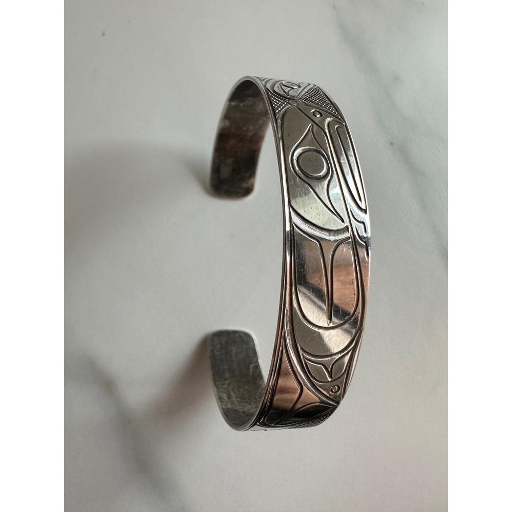 Vintage Northwest Coast Signed TJH Engraved Formline Cuff Bracelet Silver Tone